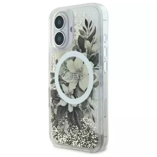 Guess Liquid Glitter Flower MagSafe iPhone 16 Case - Beige 8