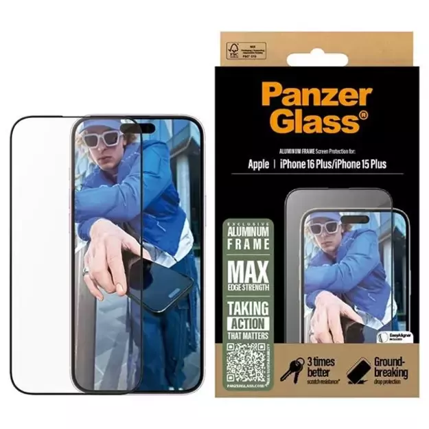 PanzerGlass Screen Protector Aluminum Frame iPhone 16 Plus 6.7&quot  Ultra-Wide Fit 2851