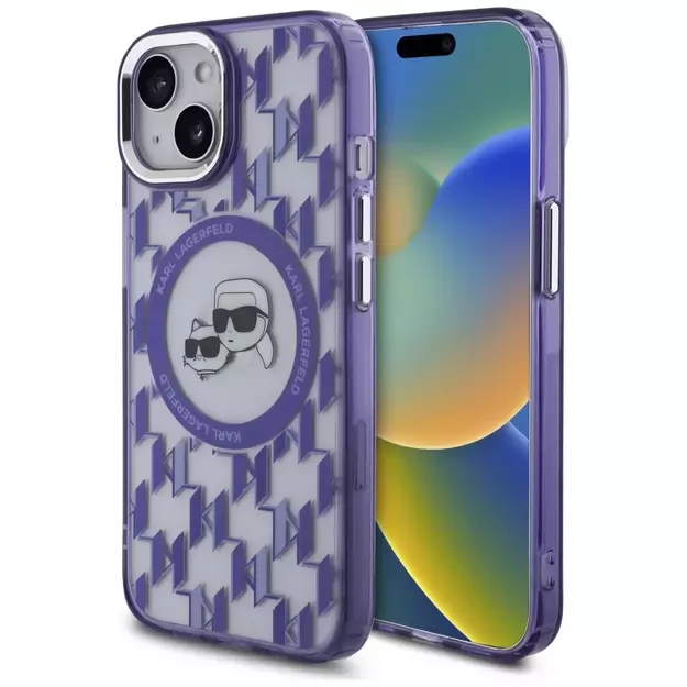 Karl Lagerfeld IML Monogram Karl &amp  Choupette Head MagSafe iPhone 15 Case - Purple