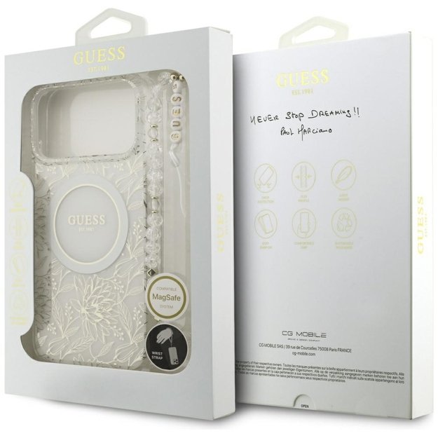 Guess IML Flowers Electro Pearl Strap MagSafe Case for iPhone 17 Pro Max - White 7