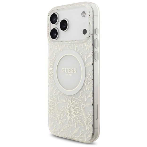 Guess IML Flowers Electro Pearl Strap MagSafe Case for iPhone 17 Pro Max - White 2
