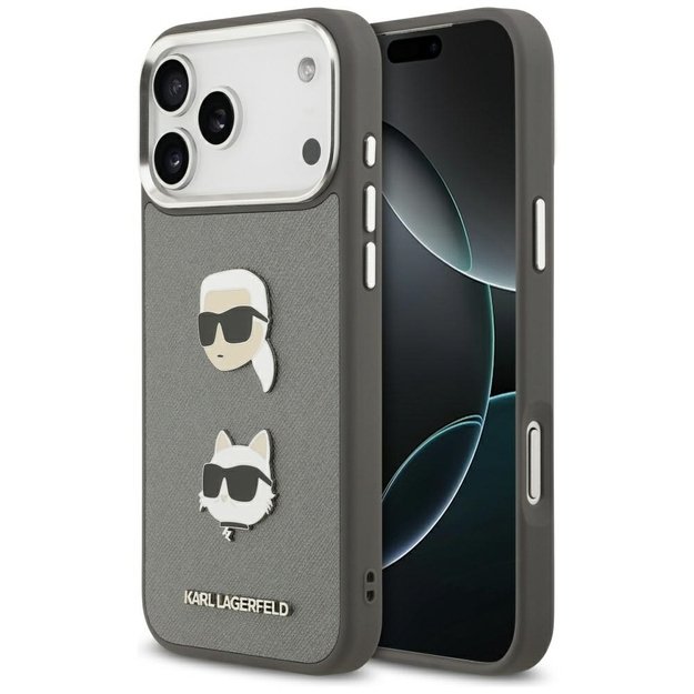 Karl Lagerfeld FW Grained Karl &amp  Choupette Heads Pins &amp  Logo iPhone 17 Pro Max Case - Gray