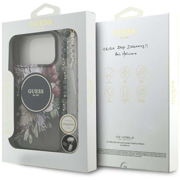 Guess IML Flowers Pearl Strap MagSafe case for iPhone 17 Pro Max - black 7