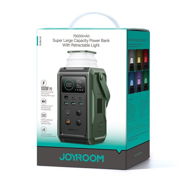 Powerbank Joyroom JR-PBF10 75000mAh 100W 3x USB-C 3x USB-A with foldable flashlight and handle - green 8