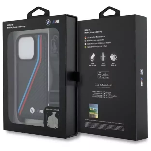 BMW M Edition Carbon Tricolor Lines &amp  Strap Case for iPhone 16 Pro - Black 12
