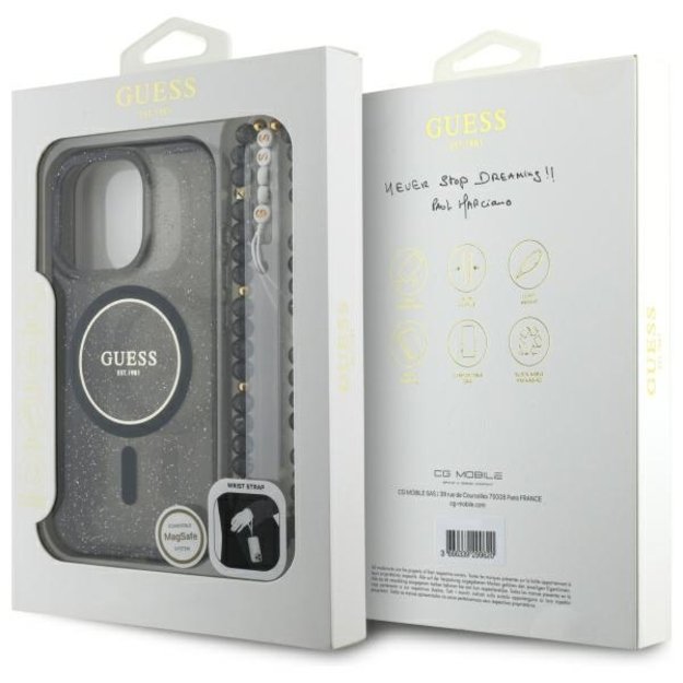 Guess IML Glitter With Pearl Strap MagSafe Case for iPhone 16 Pro Max - Black 6