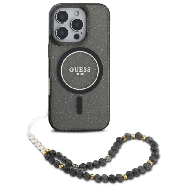 Guess IML Glitter With Pearl Strap MagSafe Case for iPhone 16 Pro Max - Black 1