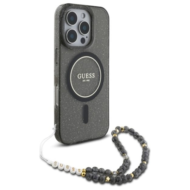 Guess IML Glitter With Pearl Strap MagSafe Case for iPhone 16 Pro Max - Black 2