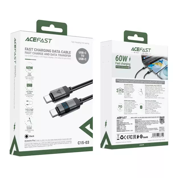 Acefast C15-03 USB-C - USB-C Cable with Display 480Mb/s 60W 1.2m - Black 10