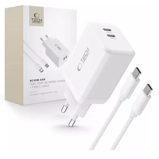 Tech-Protect NC45W-GAN 2-PORT PD45W Charger + TYPE-C CABLE - white
