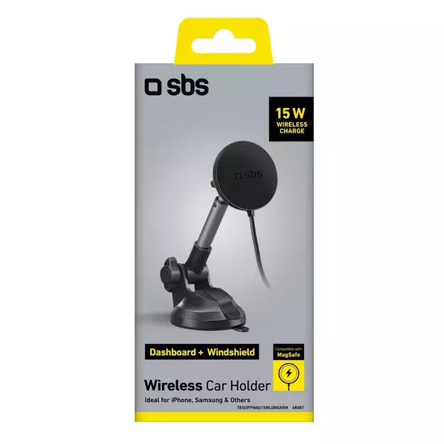 Telescopic smartphone holder with inductive charger SBS TESUPPMAG15WLONGARM with suction cup, compatible with MagSafe - black 1