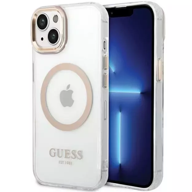 Guess Metal Outline MagSafe Case for iPhone 15 Plus / 14 Plus - Gold