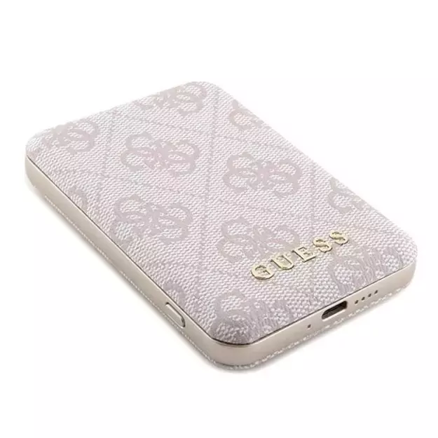 Guess Powerbank inductive 15W GUPB5FP4EMGP 5000mAh pink/pink 4G Leather Metal Logo MagSafe 2