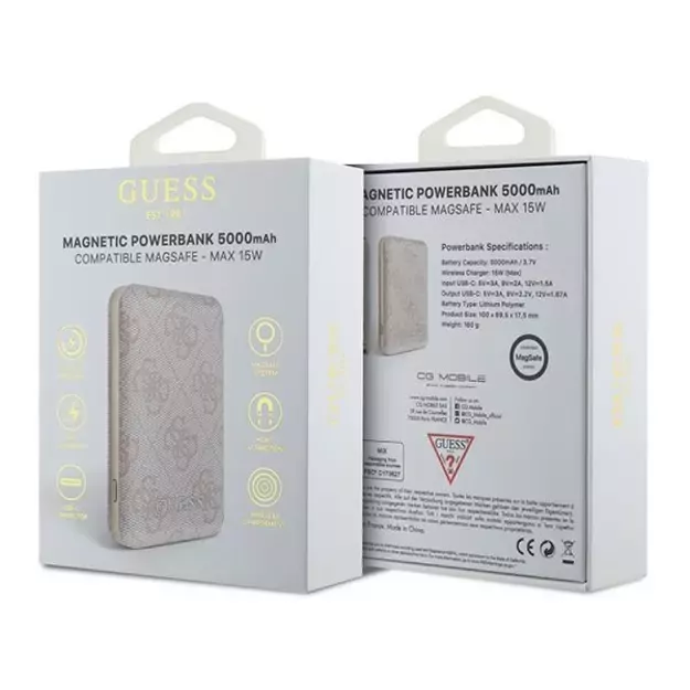 Guess Powerbank inductive 15W GUPB5FP4EMGP 5000mAh pink/pink 4G Leather Metal Logo MagSafe 3
