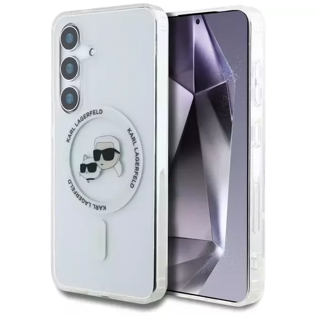 Case Karl Lagerfeld Button Karl &amp  Choupette Heads Printed Logo MagSafe Samsung Galaxy S25 Plus white