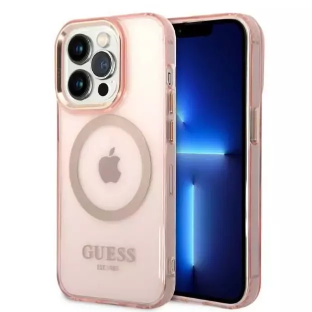 Guess GUHMP14LHTCMP iPhone 14 Pro 6.1&quot  pink/pink hard case Gold Outline Translucent MagSafe