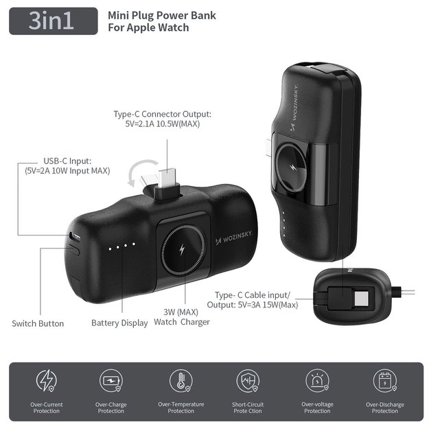 Wozinsky WF16-YCS 5000mAh 15W USB-C Mini Power Bank with Built-in USB-C Cable and Apple Watch Charger - Black 15