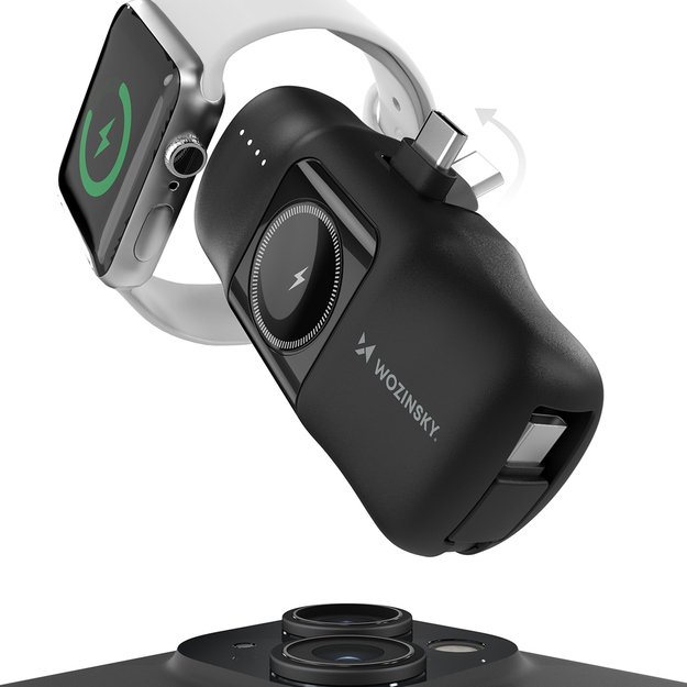 Wozinsky WF16-YCS 5000mAh 15W USB-C Mini Power Bank with Built-in USB-C Cable and Apple Watch Charger - Black 2