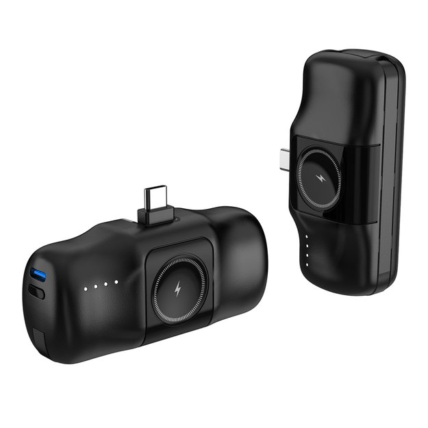 Wozinsky WF16-YCS 5000mAh 15W USB-C Mini Power Bank with Built-in USB-C Cable and Apple Watch Charger - Black 5