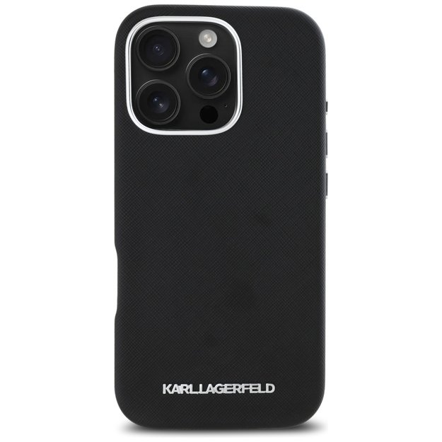Karl Lagerfeld Saffiano Full Wrapped Elongated Metal Logo MagSafe Case for iPhone 16 Pro Max - Black 1