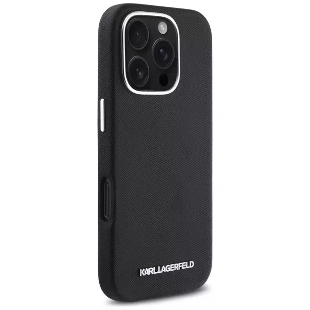 Karl Lagerfeld Saffiano Full Wrapped Elongated Metal Logo MagSafe Case for iPhone 16 Pro Max - Black 10