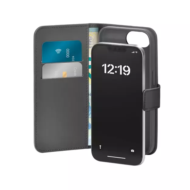 Puro Eco-Leather Case for iPhone 16E W/horiz.flip+2 Card Slot+Banknote Pocket+Cover Black
