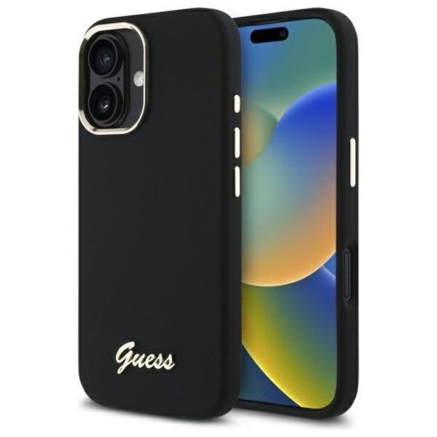 Guess Silicone Script Metal Logo &amp  Frame Case for iPhone 16 Plus - Black