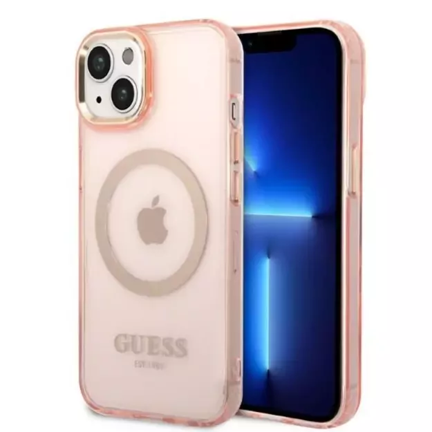 Guess GUHMP14SHTCMP iPhone 14 6.1&quot  pink/pink hard case Gold Outline Translucent MagSafe