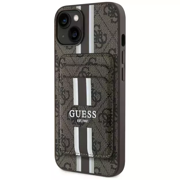 Guess 4G Stripes case with Magsafe wallet for iPhone 15 brown
