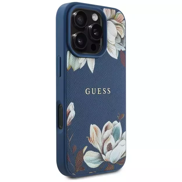 Guess Grained Printed Flower Pattern MagSafe case for iPhone 16 Pro Max blue 3