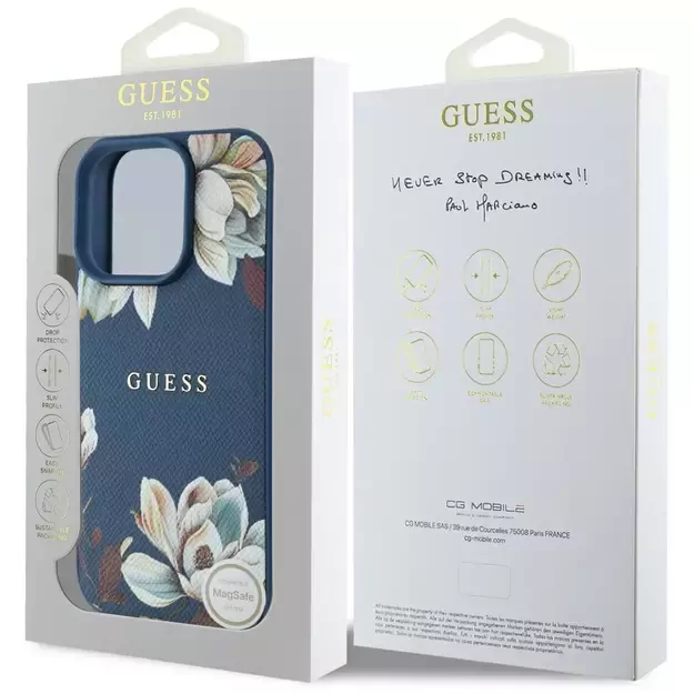Guess Grained Printed Flower Pattern MagSafe case for iPhone 16 Pro Max blue 7