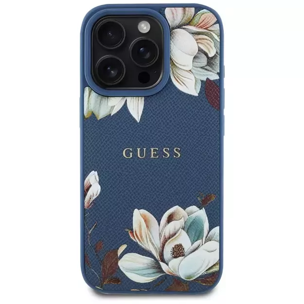 Guess Grained Printed Flower Pattern MagSafe case for iPhone 16 Pro Max blue 2