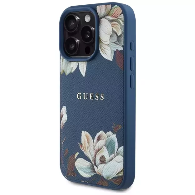 Guess Grained Printed Flower Pattern MagSafe case for iPhone 16 Pro Max blue 1