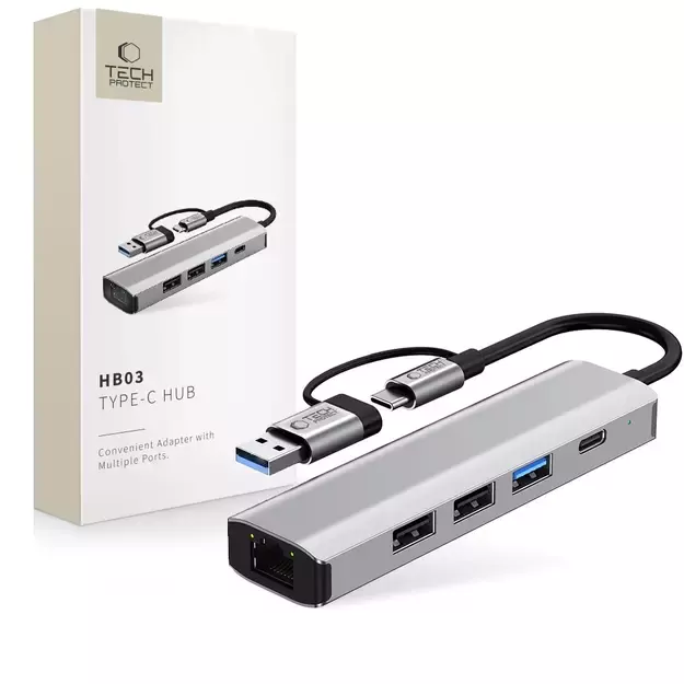 Tech-Protect HB03 HUB Adapter 5in1 USB-C + USB2.0 + USB3.0 + RJ45 - gray