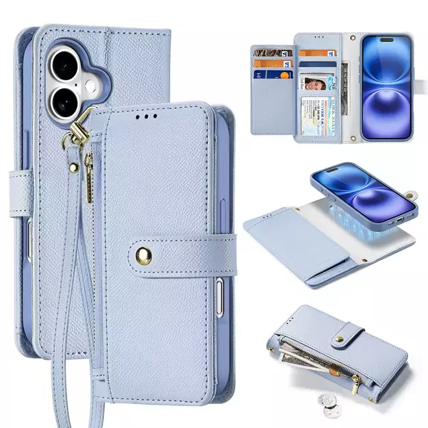 Dux Ducis Lawa iPhone 16 Leather Case with Detachable Magnetic Wallet - Blue
