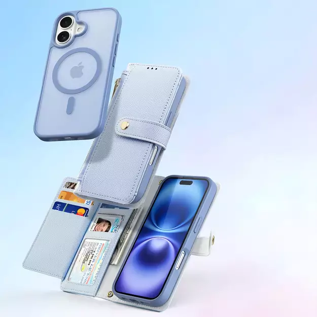 Dux Ducis Lawa iPhone 16 Leather Case with Detachable Magnetic Wallet - Blue 3