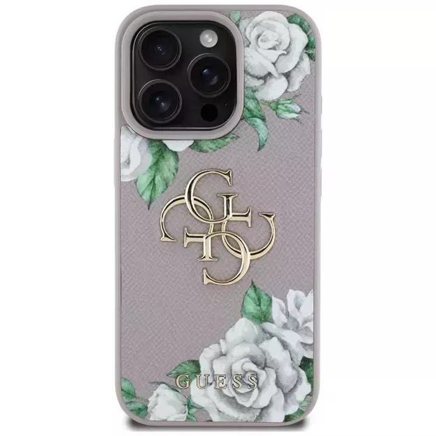 Guess Grained Roses Big 4G Logo iPhone 16 Pro Case - Purple 2