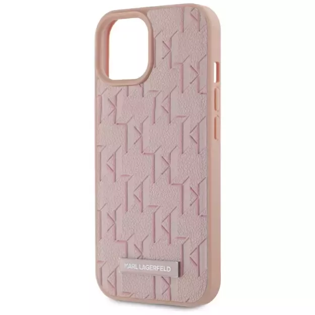 Karl Lagerfeld Leather Monogram Metal Logo MagSafe iPhone 15 Case - Pink 5