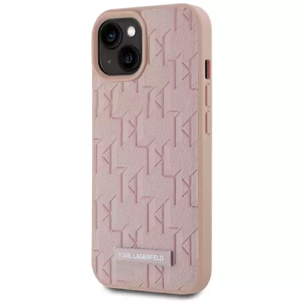 Karl Lagerfeld Leather Monogram Metal Logo MagSafe iPhone 15 Case - Pink 1