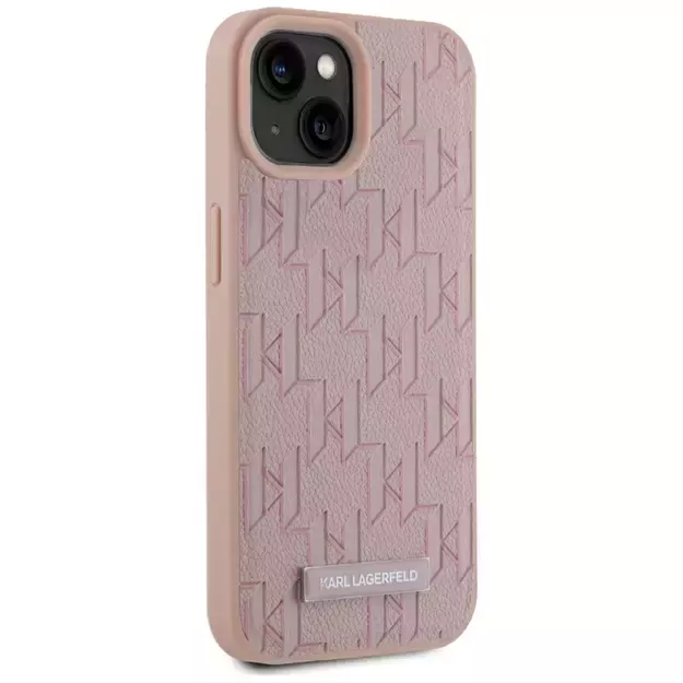 Karl Lagerfeld Leather Monogram Metal Logo MagSafe iPhone 15 Case - Pink 3