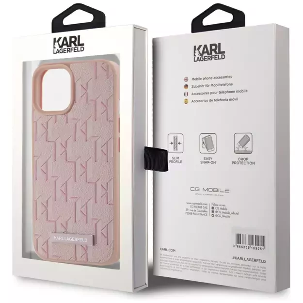 Karl Lagerfeld Leather Monogram Metal Logo MagSafe iPhone 15 Case - Pink 7