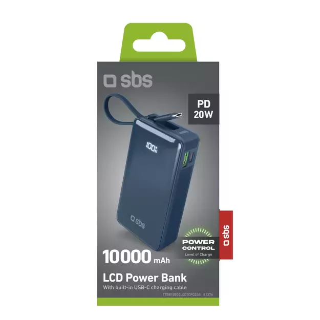 Powerbank SBS 10000 mAh 20W with built-in USB-C cable and digital display - dark gray 1