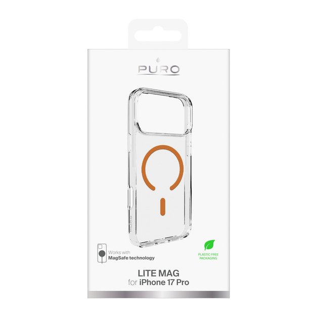 Puro Lite Mag TPU+PC Case Compatible with MagSafe for iPhone 17 Pro - Transparent with Orange Ring 1