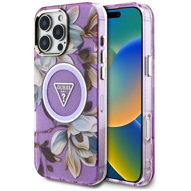 Guess Glitter Flowers Triangle Buttons MagSafe Case for iPhone 16 Pro Max Purple