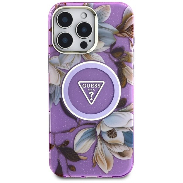 Guess Glitter Flowers Triangle Buttons MagSafe Case for iPhone 16 Pro Max Purple 2