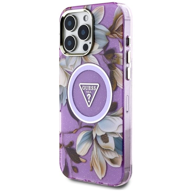Guess Glitter Flowers Triangle Buttons MagSafe Case for iPhone 16 Pro Max Purple 1