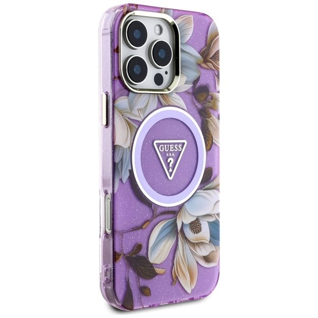 Guess Glitter Flowers Triangle Buttons MagSafe Case for iPhone 16 Pro Max Purple 3