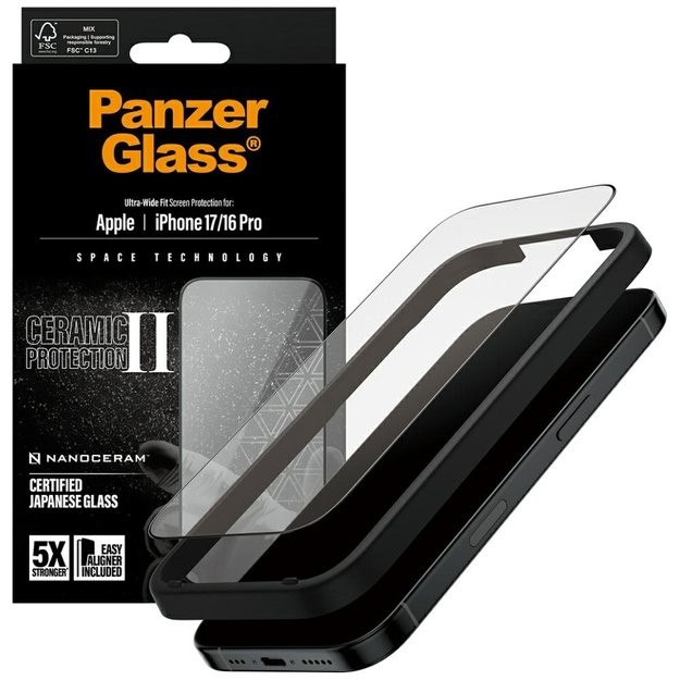 PanzerGlass Ceramic II Ultra-Wide Fit EasyAligner Tempered Glass for iPhone 16 / 16 Plus / 17 3