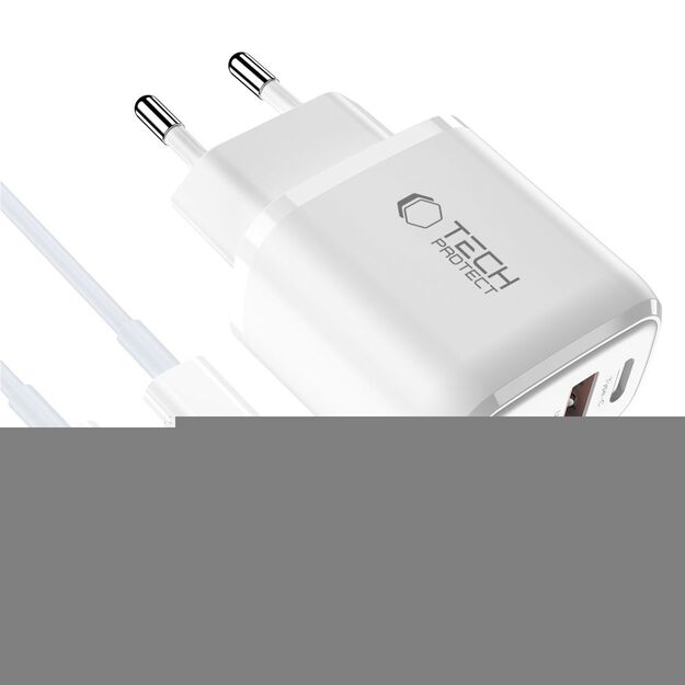 Tech-Protect NCA30 PD 30W QC3.0 USB-A / USB-C Wall Charger + USB-C / USB-C Cable 100cm - White 2