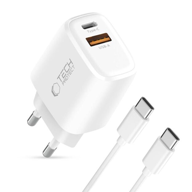 Tech-Protect NCA30 PD 30W QC3.0 USB-A / USB-C Wall Charger + USB-C / USB-C Cable 100cm - White 1